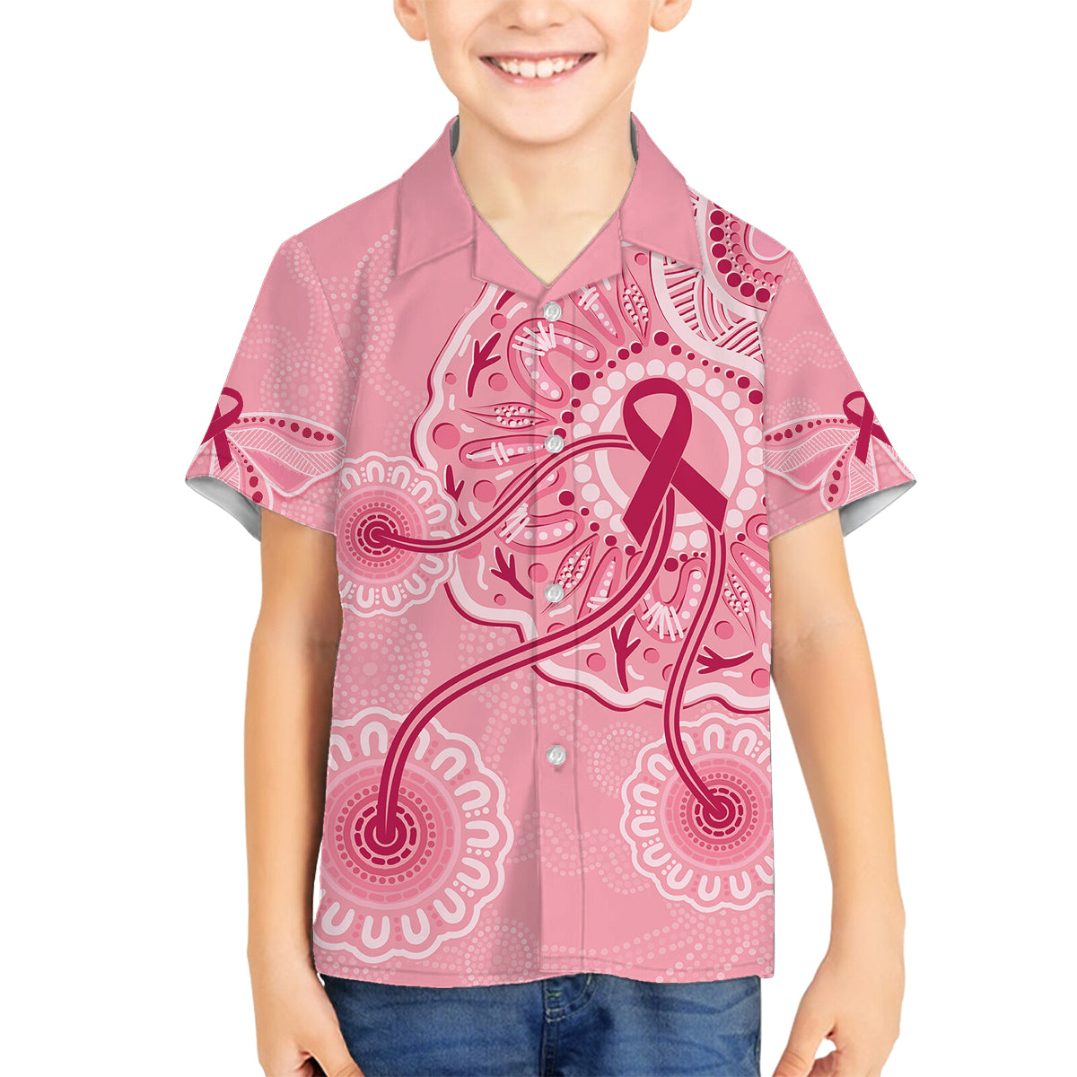 australia-indigenous-family-matching-off-shoulder-short-dress-and-hawaiian-shirt-breast-cancer-ribbon-aboriginal-art-pink