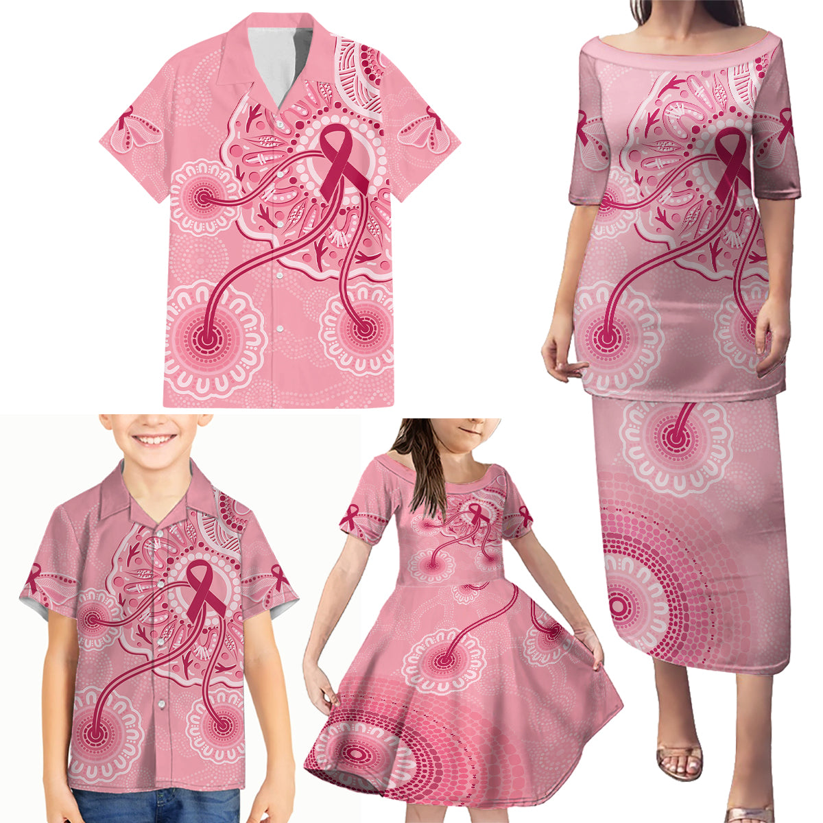 australia-indigenous-family-matching-puletasi-dress-and-hawaiian-shirt-breast-cancer-ribbon-aboriginal-art-pink