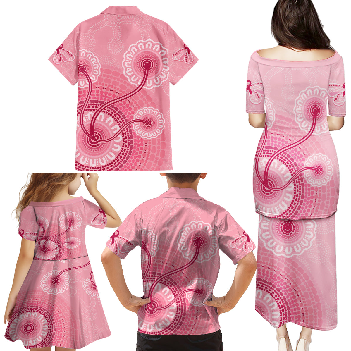 australia-indigenous-family-matching-puletasi-dress-and-hawaiian-shirt-breast-cancer-ribbon-aboriginal-art-pink