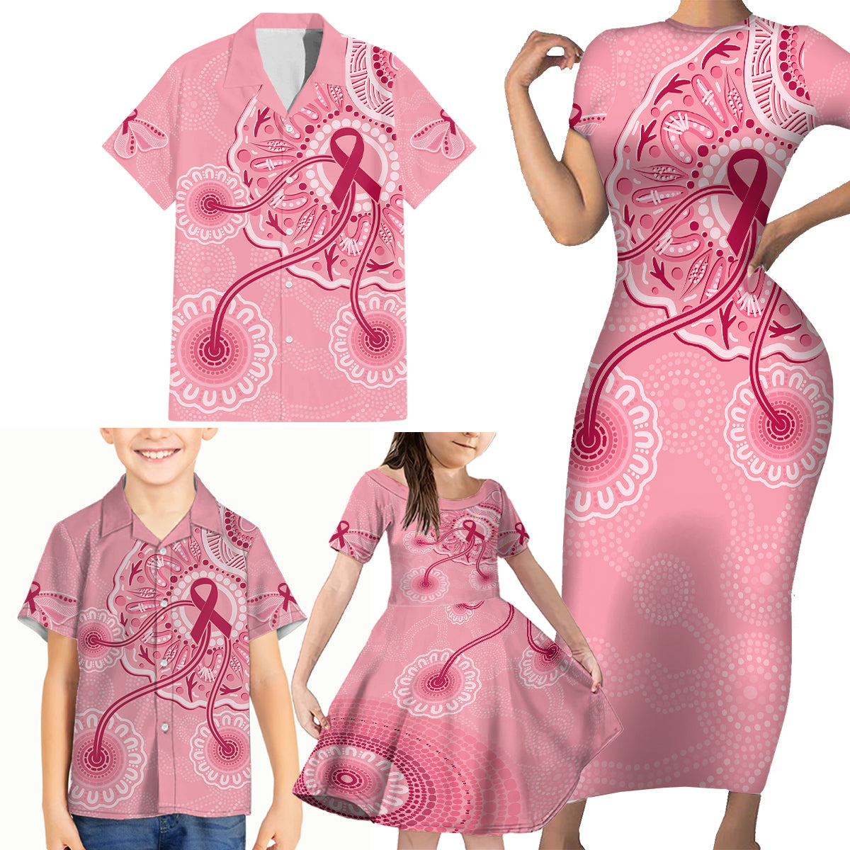 australia-indigenous-family-matching-short-sleeve-bodycon-dress-and-hawaiian-shirt-breast-cancer-ribbon-aboriginal-art-pink