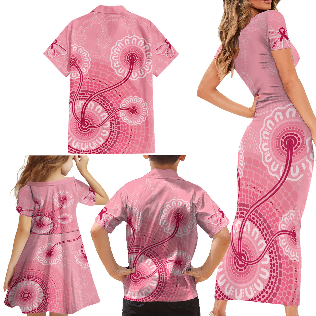 australia-indigenous-family-matching-short-sleeve-bodycon-dress-and-hawaiian-shirt-breast-cancer-ribbon-aboriginal-art-pink