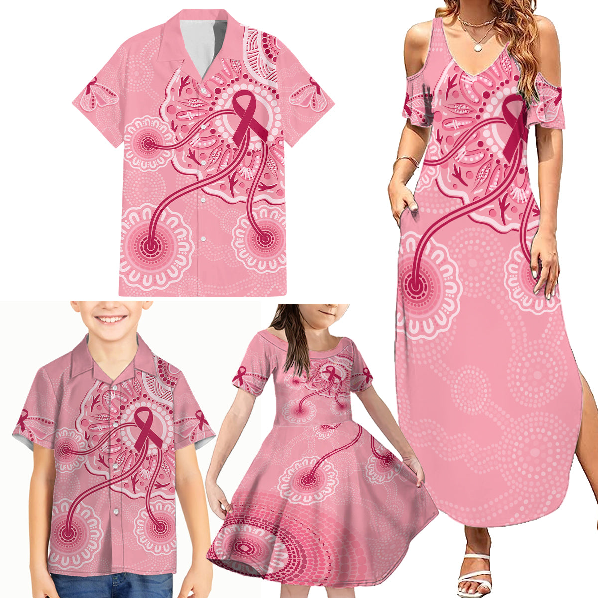 australia-indigenous-family-matching-summer-maxi-dress-and-hawaiian-shirt-breast-cancer-ribbon-aboriginal-art-pink