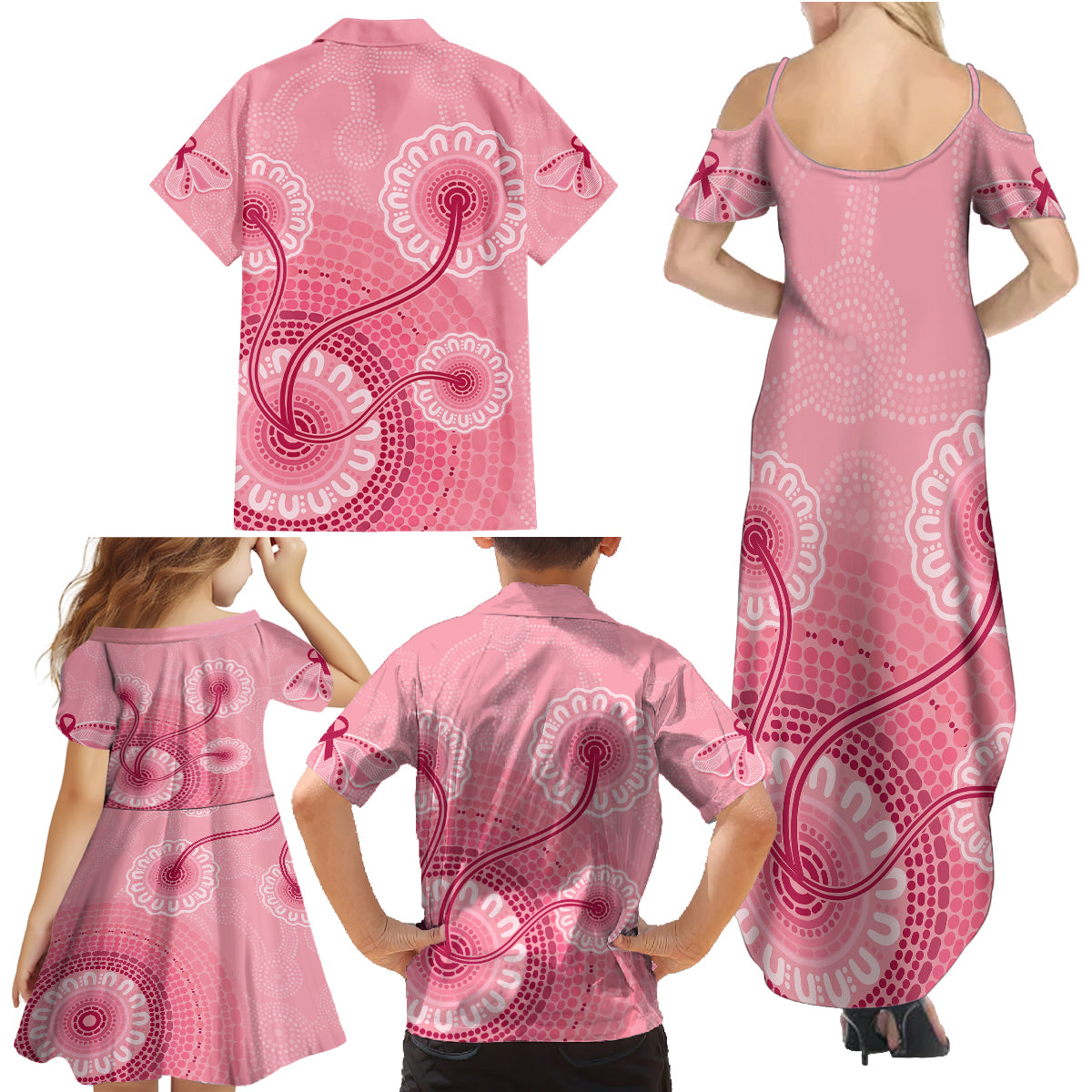 australia-indigenous-family-matching-summer-maxi-dress-and-hawaiian-shirt-breast-cancer-ribbon-aboriginal-art-pink