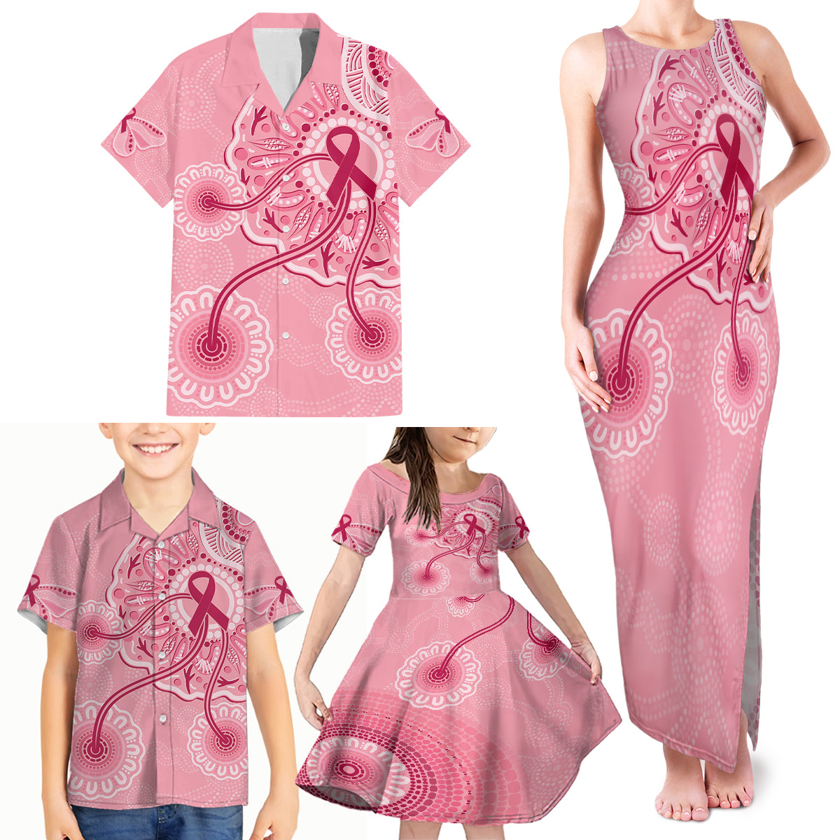 australia-indigenous-family-matching-tank-maxi-dress-and-hawaiian-shirt-breast-cancer-ribbon-aboriginal-art-pink