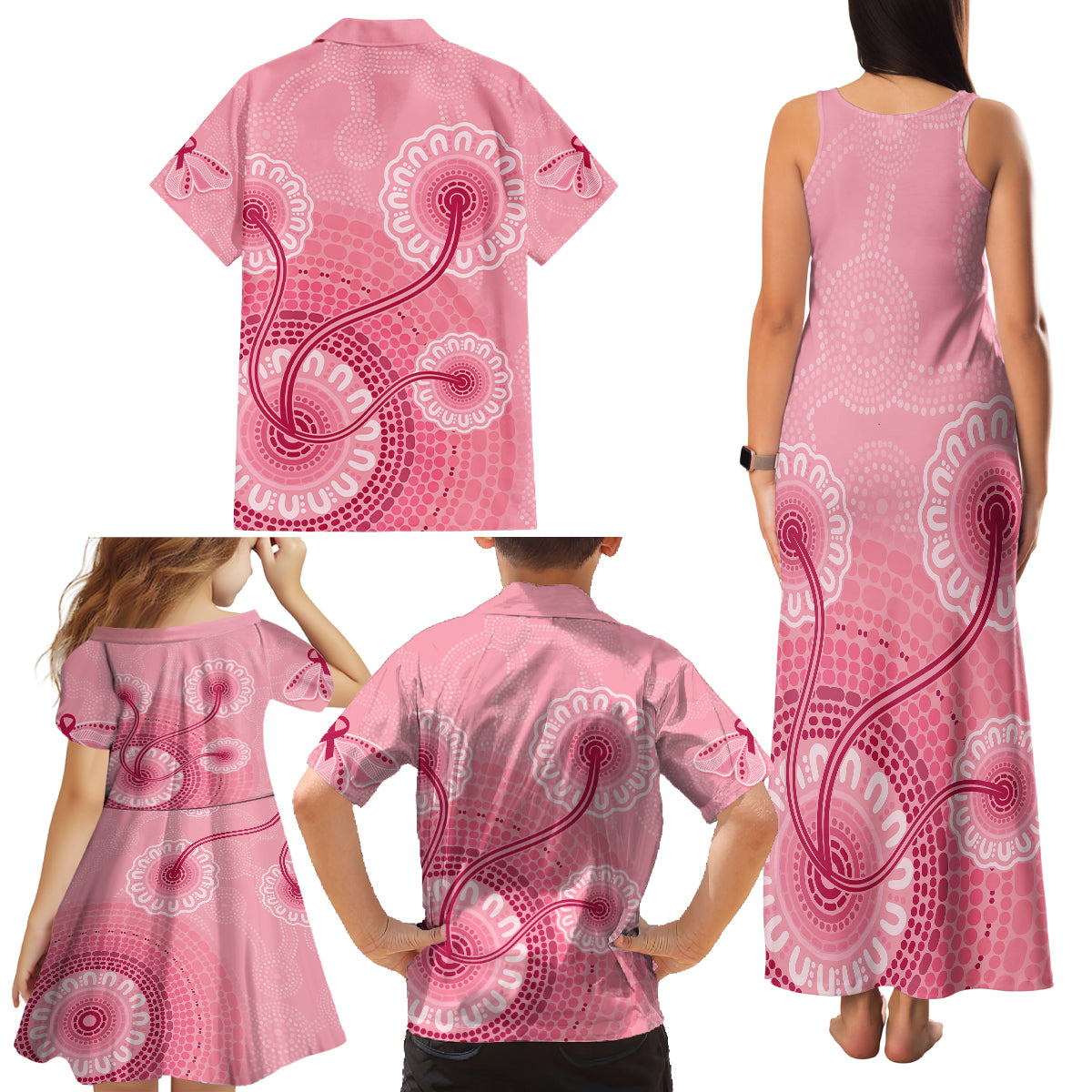 australia-indigenous-family-matching-tank-maxi-dress-and-hawaiian-shirt-breast-cancer-ribbon-aboriginal-art-pink