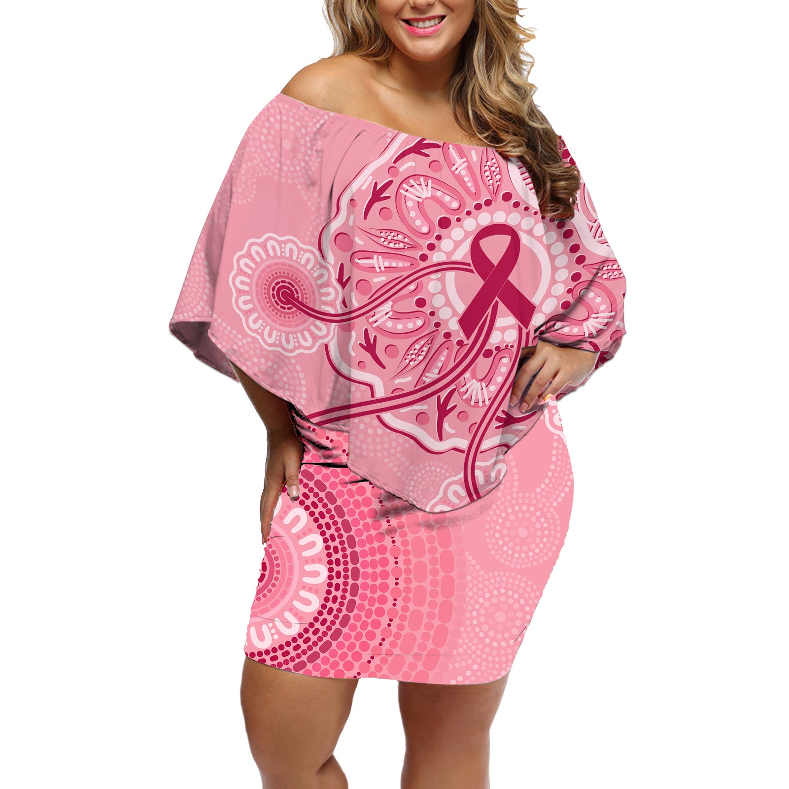 australia-indigenous-off-shoulder-short-dress-breast-cancer-ribbon-aboriginal-art-pink