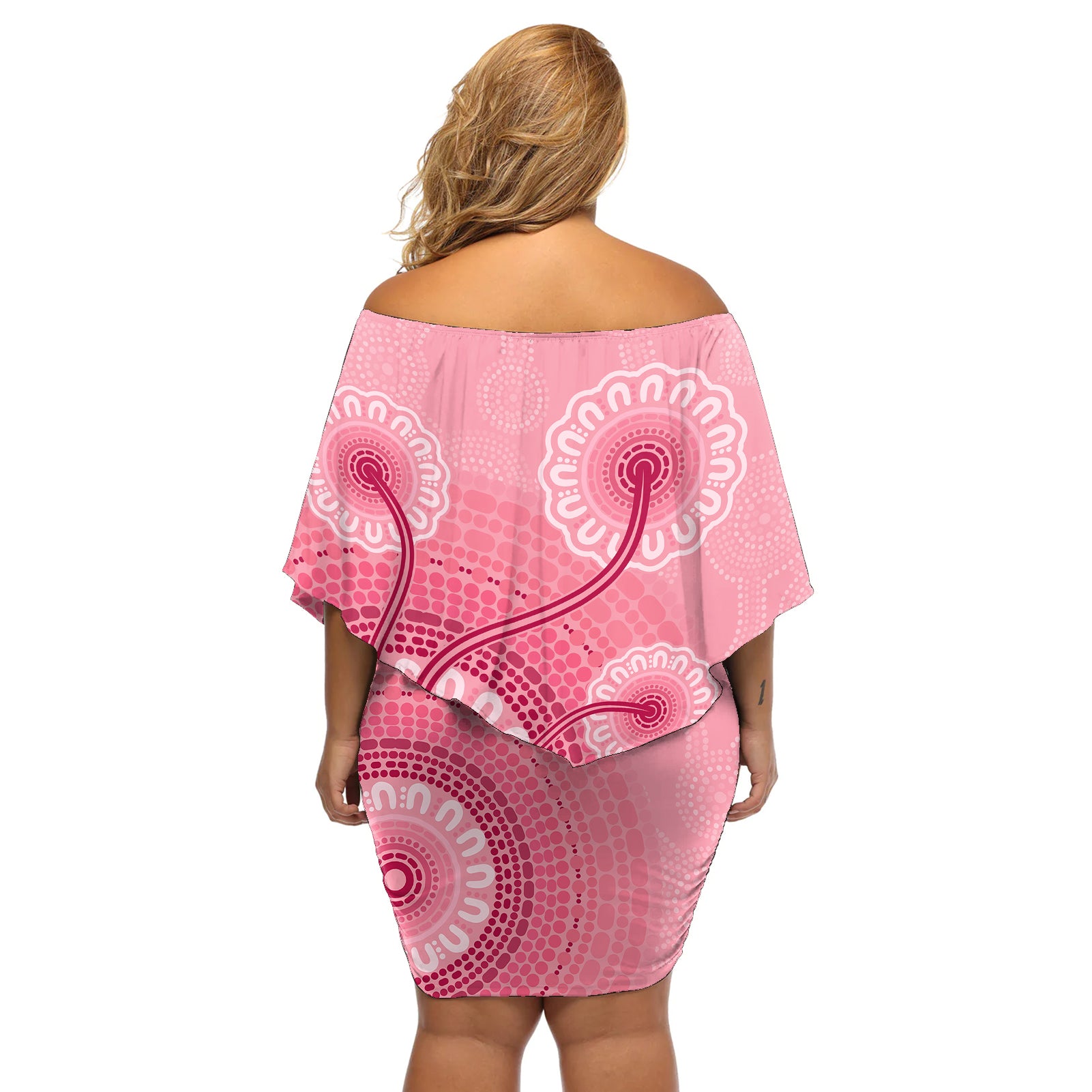 australia-indigenous-off-shoulder-short-dress-breast-cancer-ribbon-aboriginal-art-pink