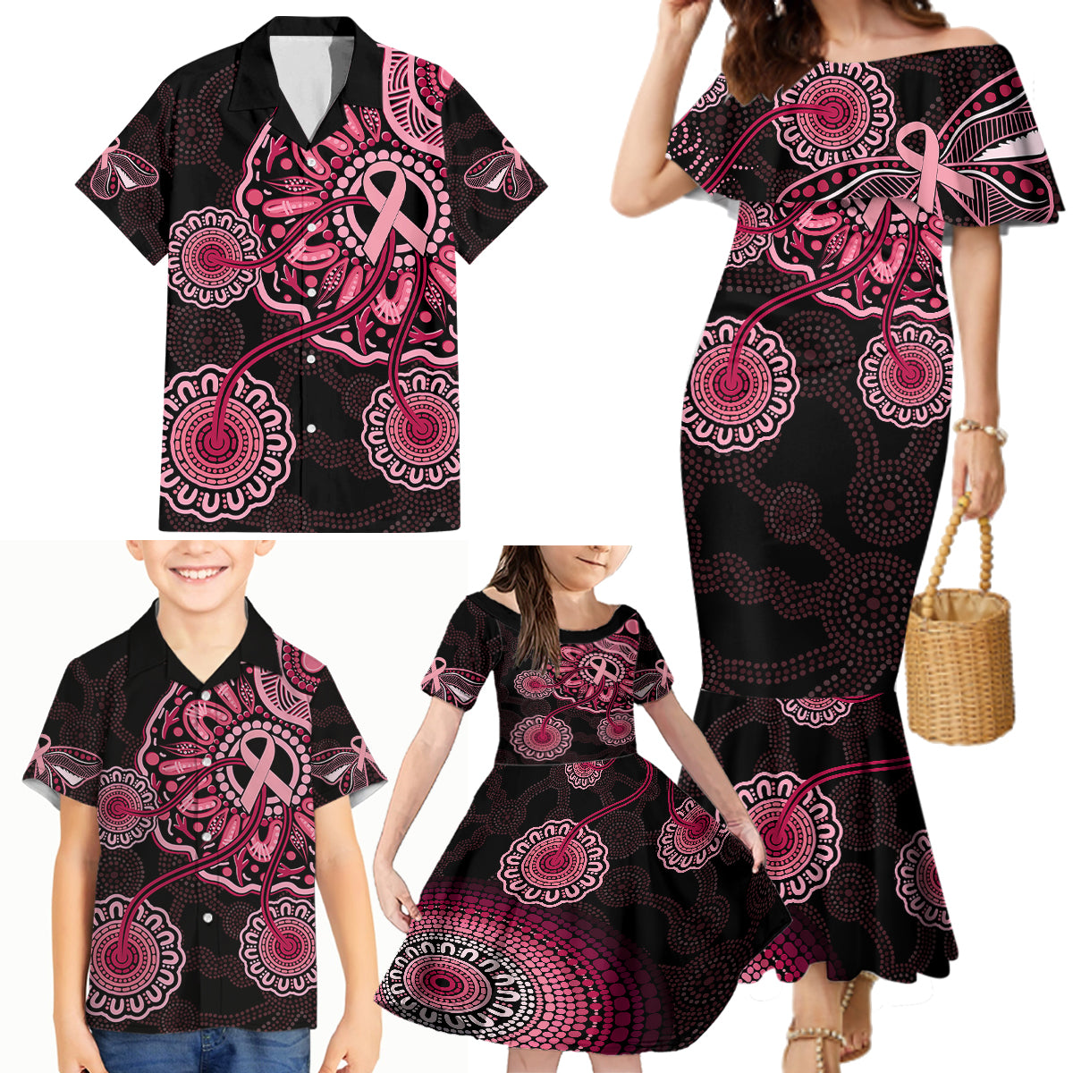 australia-indigenous-family-matching-mermaid-dress-and-hawaiian-shirt-breast-cancer-ribbon-aboriginal-art-black