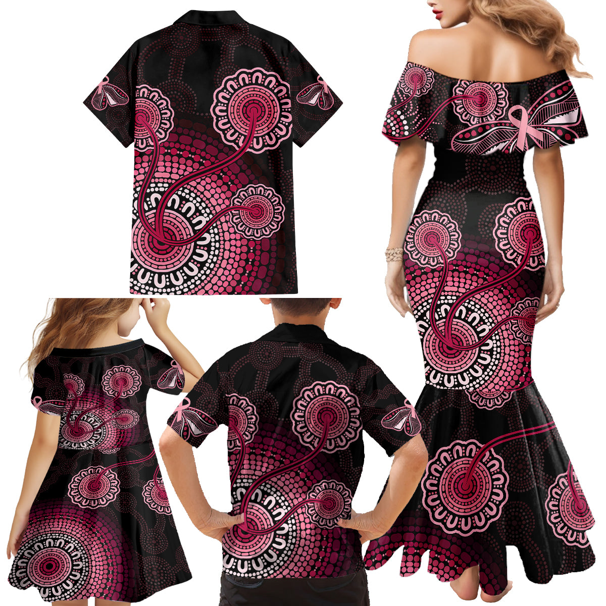 australia-indigenous-family-matching-mermaid-dress-and-hawaiian-shirt-breast-cancer-ribbon-aboriginal-art-black