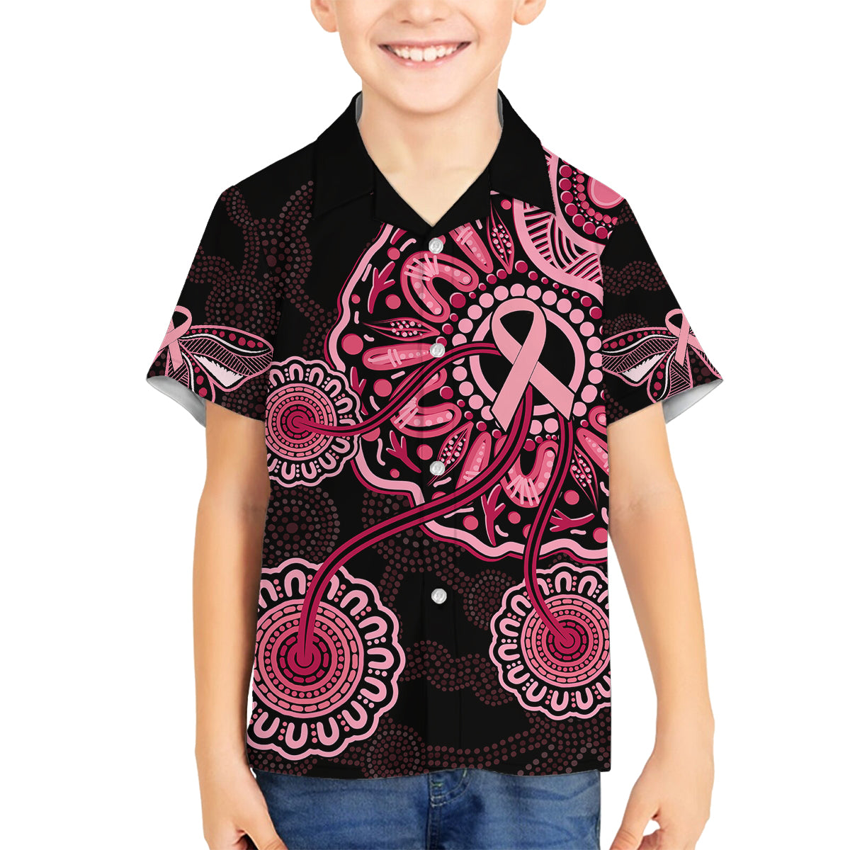 australia-indigenous-family-matching-mermaid-dress-and-hawaiian-shirt-breast-cancer-ribbon-aboriginal-art-black