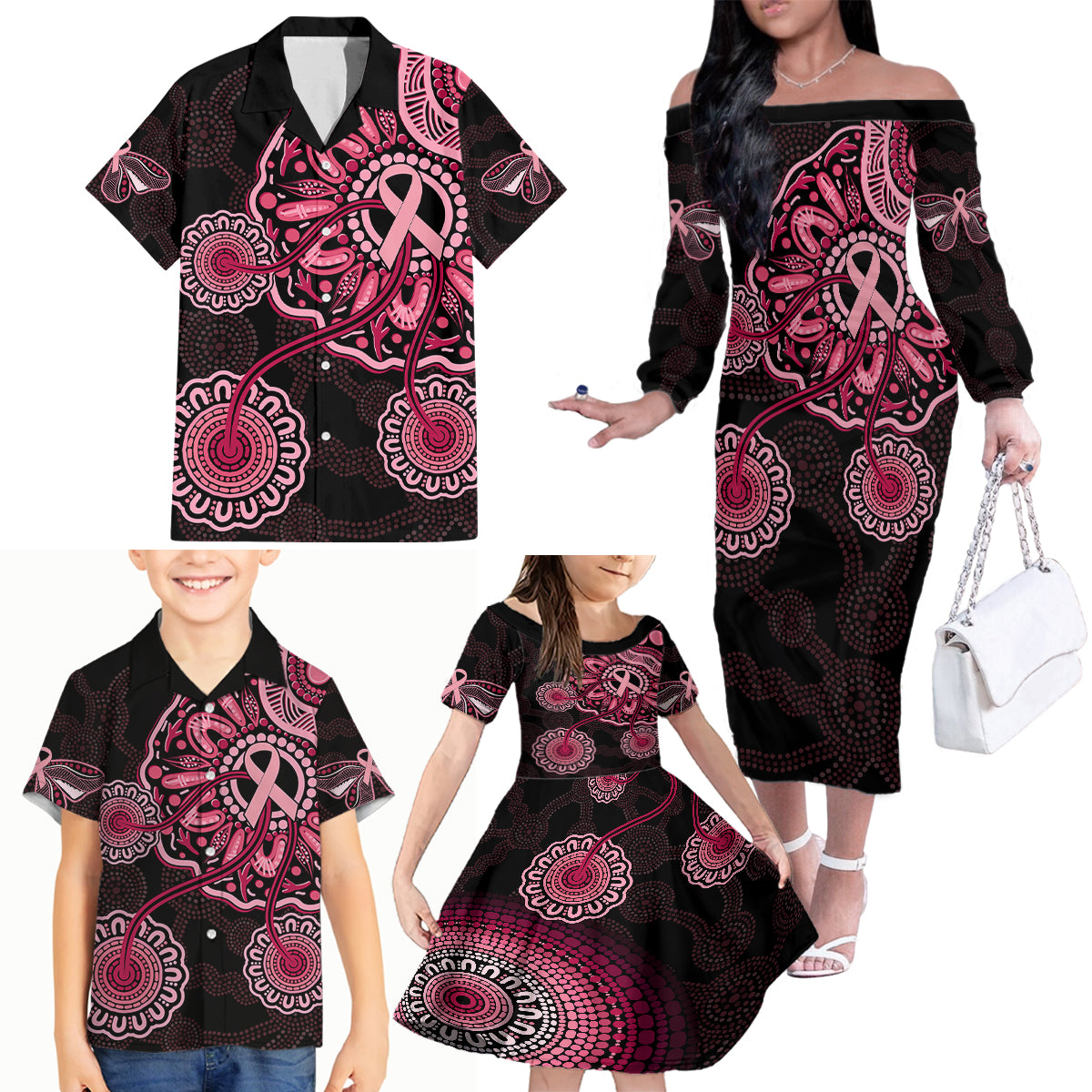 australia-indigenous-family-matching-off-shoulder-long-sleeve-dress-and-hawaiian-shirt-breast-cancer-ribbon-aboriginal-art-black