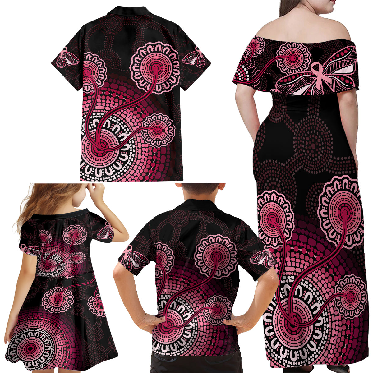 australia-indigenous-family-matching-off-shoulder-long-sleeve-dress-and-hawaiian-shirt-breast-cancer-ribbon-aboriginal-art-black