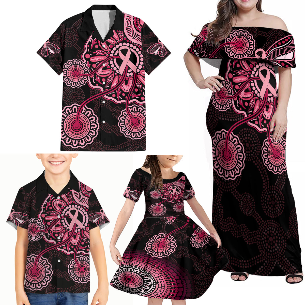 australia-indigenous-family-matching-off-shoulder-maxi-dress-and-hawaiian-shirt-breast-cancer-ribbon-aboriginal-art-black