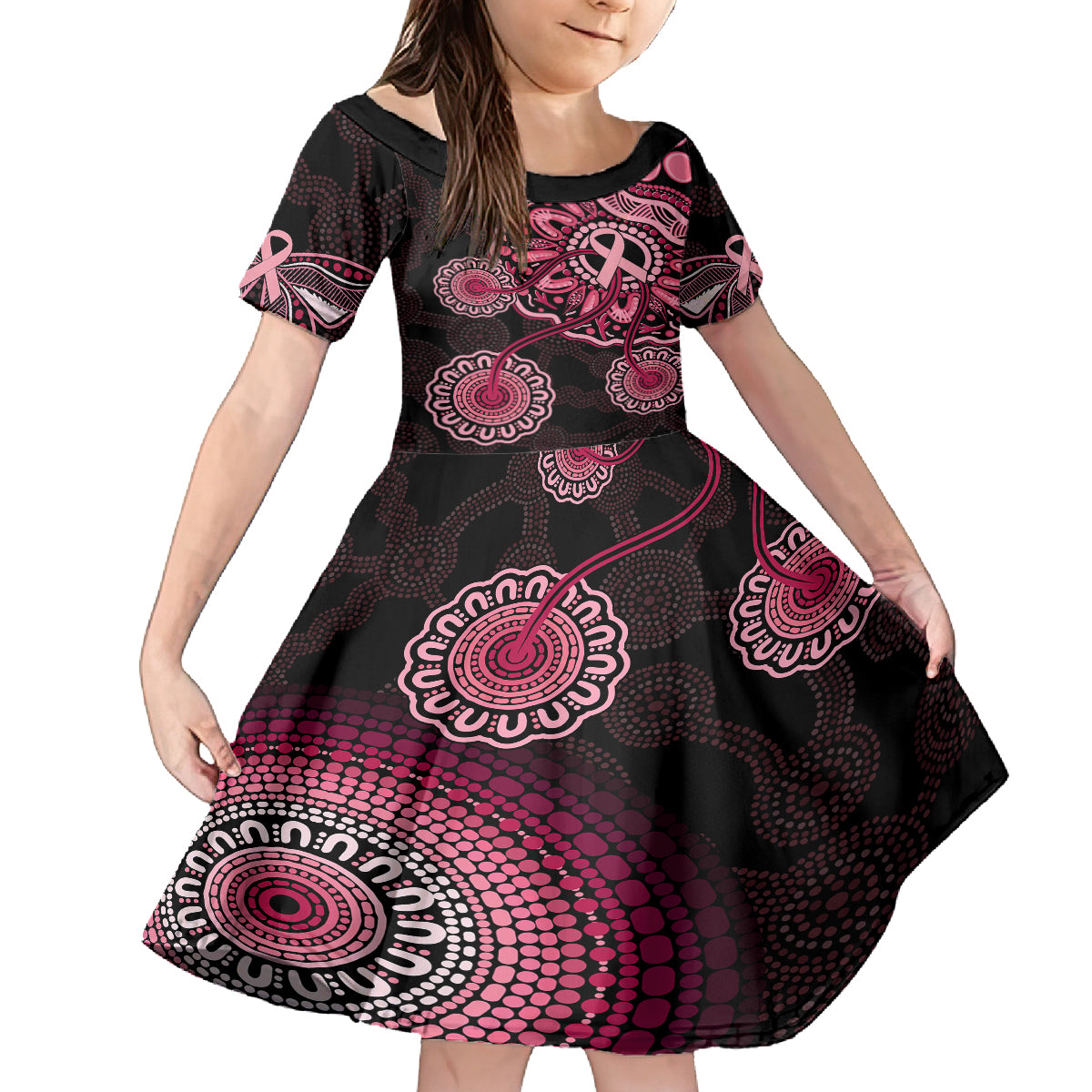 australia-indigenous-family-matching-off-shoulder-maxi-dress-and-hawaiian-shirt-breast-cancer-ribbon-aboriginal-art-black