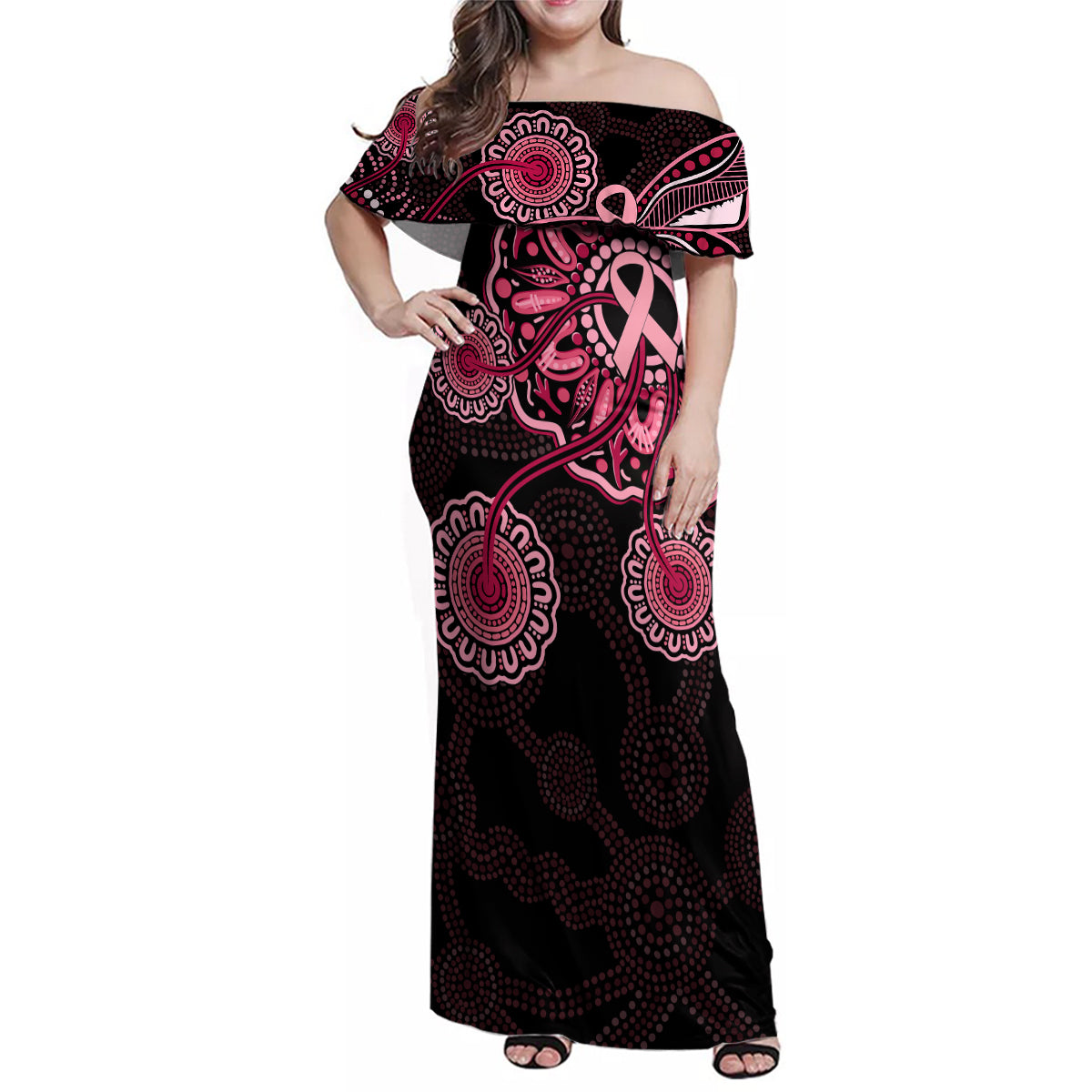 australia-indigenous-family-matching-off-shoulder-maxi-dress-and-hawaiian-shirt-breast-cancer-ribbon-aboriginal-art-black