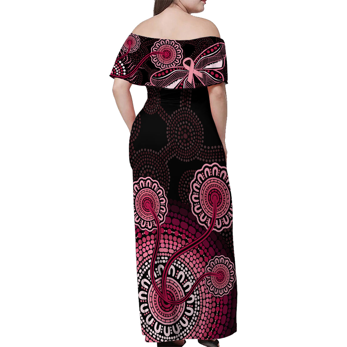 australia-indigenous-family-matching-off-shoulder-maxi-dress-and-hawaiian-shirt-breast-cancer-ribbon-aboriginal-art-black