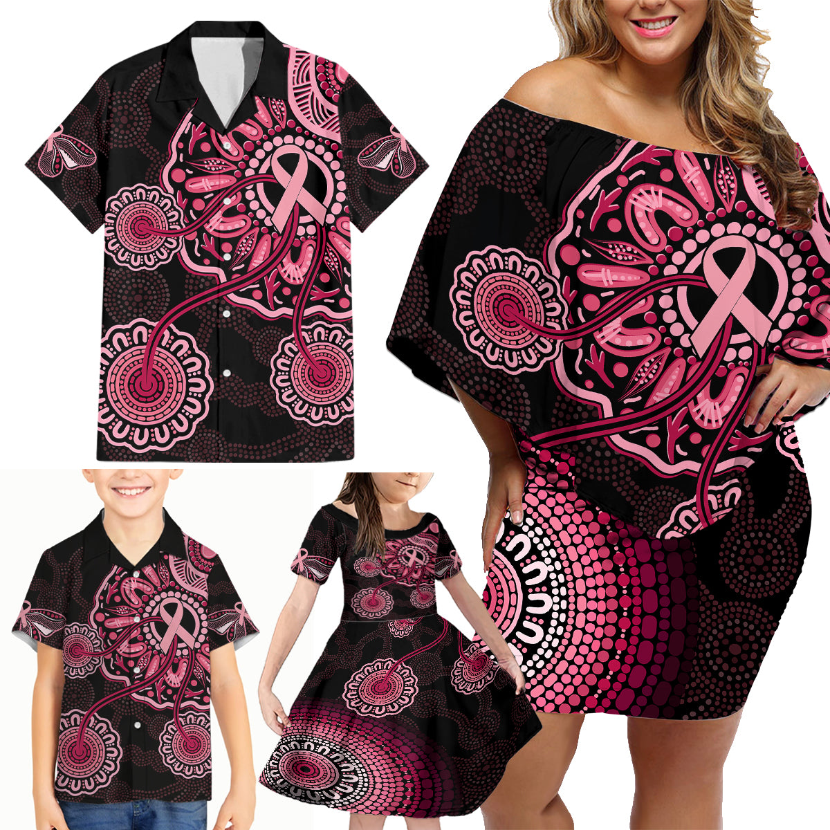 australia-indigenous-family-matching-off-shoulder-short-dress-and-hawaiian-shirt-breast-cancer-ribbon-aboriginal-art-black