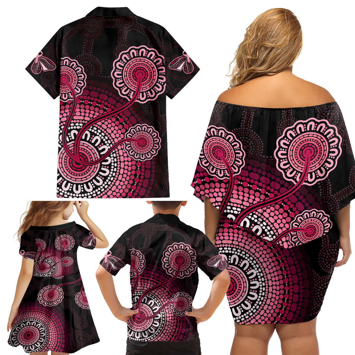 australia-indigenous-family-matching-off-shoulder-short-dress-and-hawaiian-shirt-breast-cancer-ribbon-aboriginal-art-black