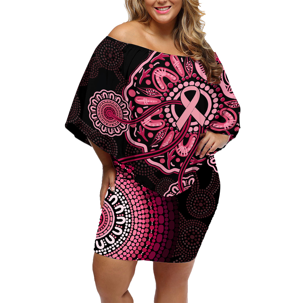 australia-indigenous-family-matching-off-shoulder-short-dress-and-hawaiian-shirt-breast-cancer-ribbon-aboriginal-art-black