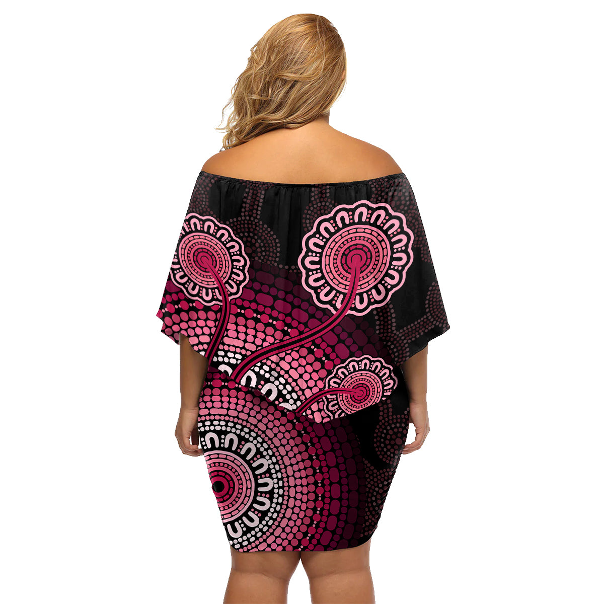 australia-indigenous-family-matching-off-shoulder-short-dress-and-hawaiian-shirt-breast-cancer-ribbon-aboriginal-art-black