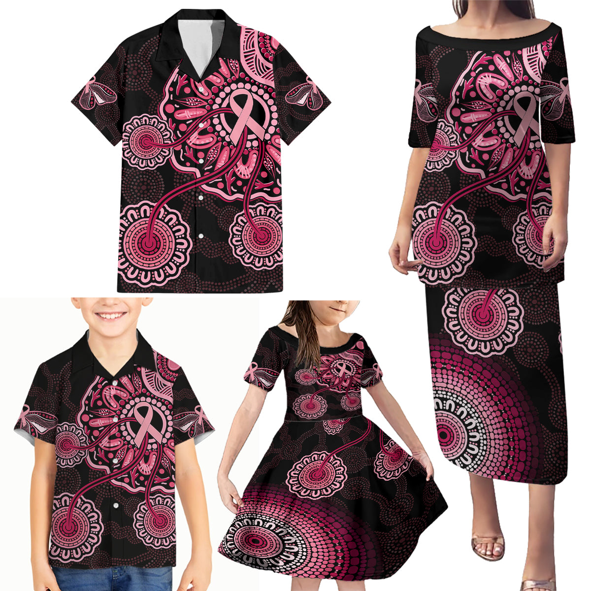 australia-indigenous-family-matching-puletasi-dress-and-hawaiian-shirt-breast-cancer-ribbon-aboriginal-art-black