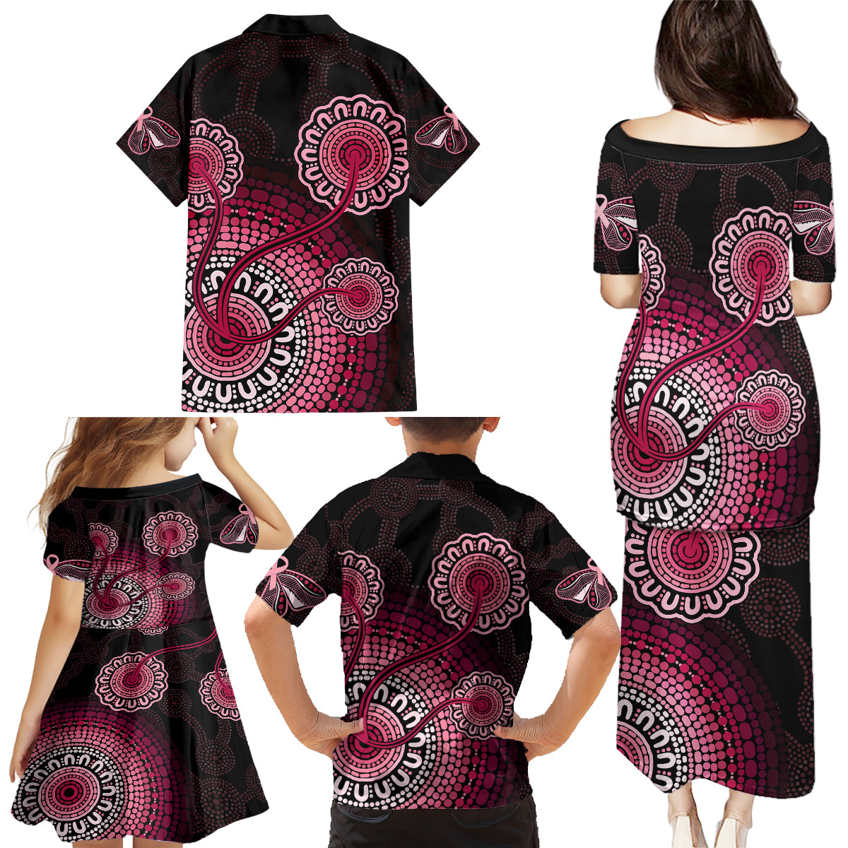 australia-indigenous-family-matching-puletasi-dress-and-hawaiian-shirt-breast-cancer-ribbon-aboriginal-art-black