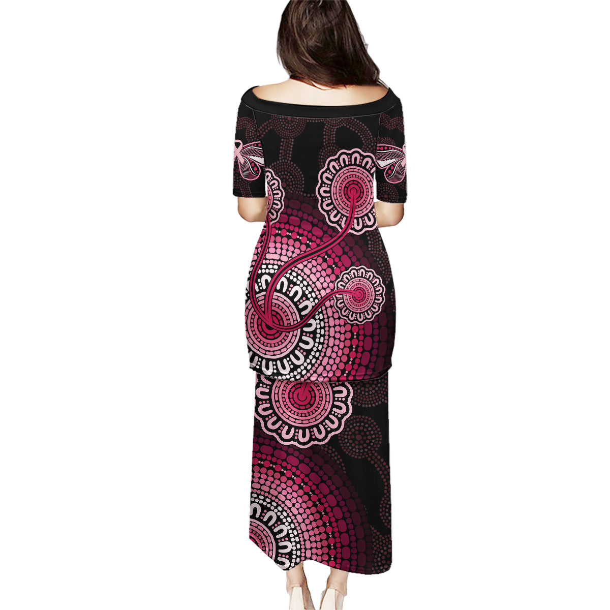 australia-indigenous-family-matching-puletasi-dress-and-hawaiian-shirt-breast-cancer-ribbon-aboriginal-art-black