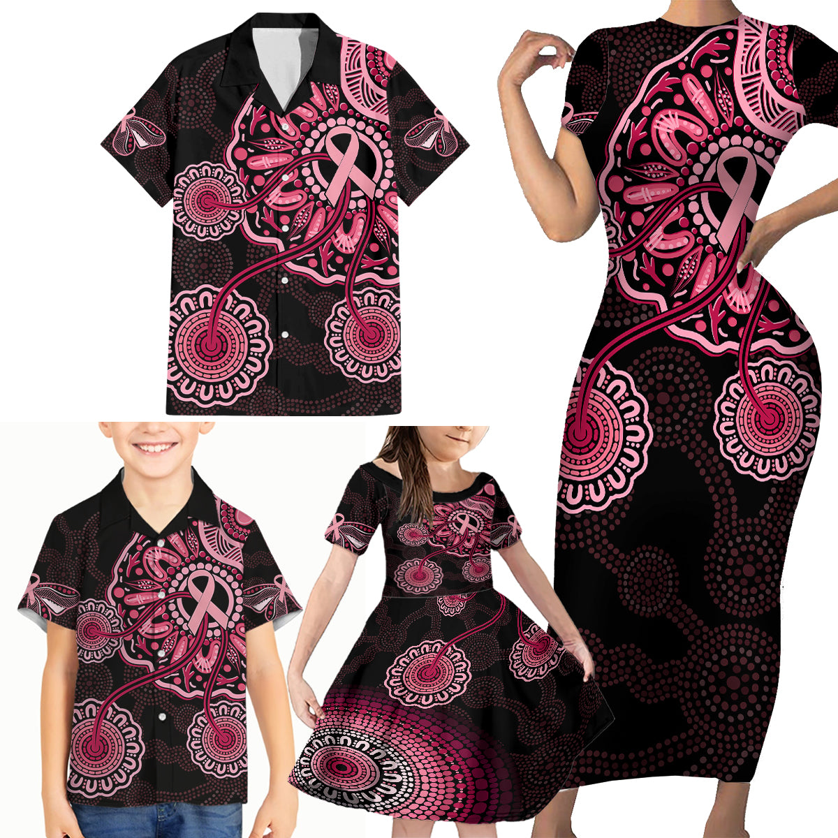 australia-indigenous-family-matching-short-sleeve-bodycon-dress-and-hawaiian-shirt-breast-cancer-ribbon-aboriginal-art-black