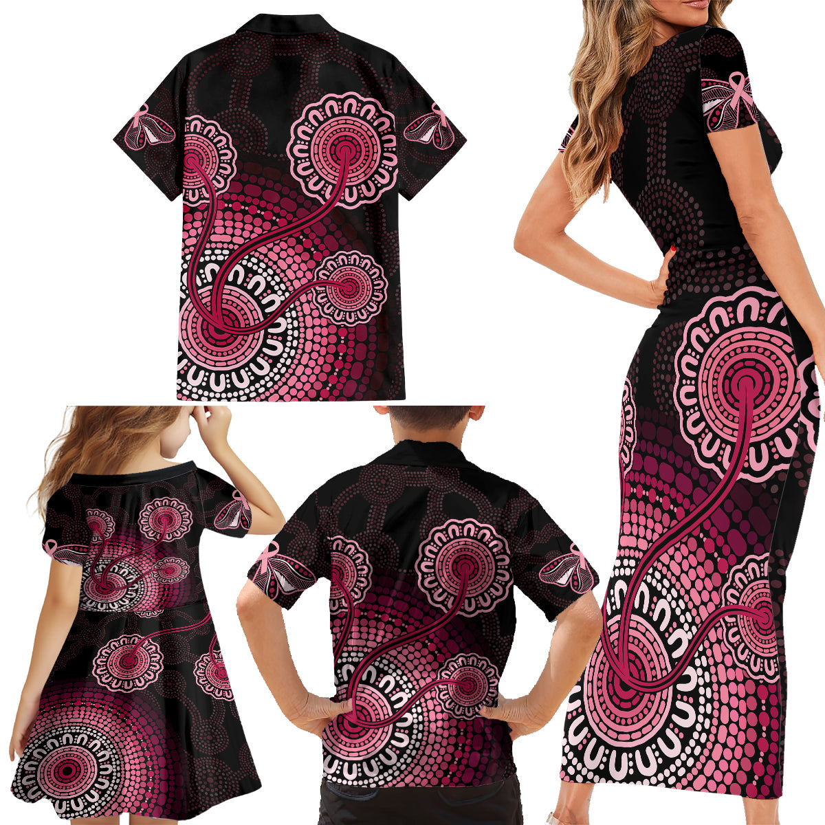 australia-indigenous-family-matching-short-sleeve-bodycon-dress-and-hawaiian-shirt-breast-cancer-ribbon-aboriginal-art-black