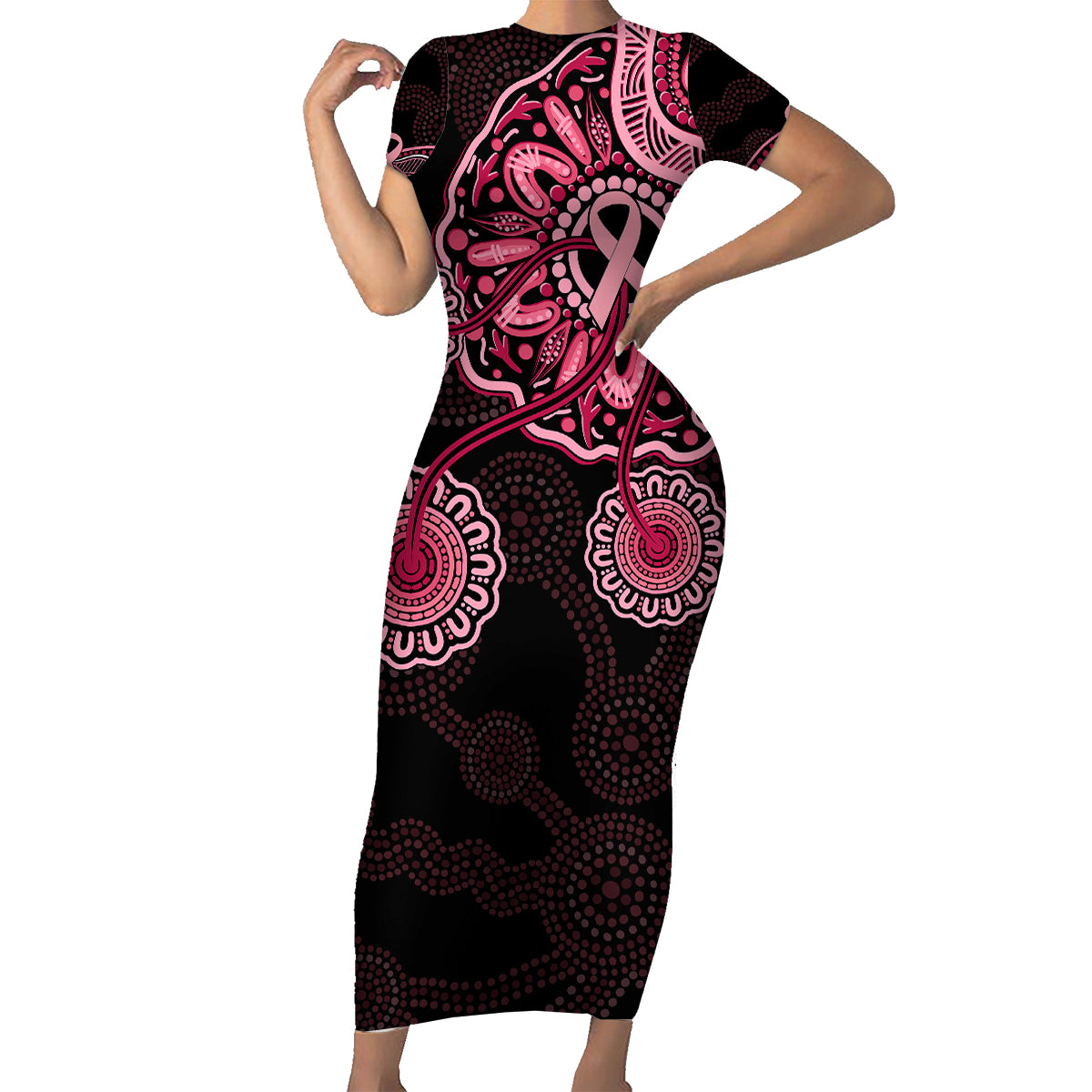 australia-indigenous-family-matching-short-sleeve-bodycon-dress-and-hawaiian-shirt-breast-cancer-ribbon-aboriginal-art-black