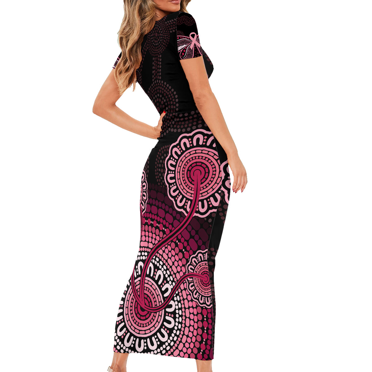 australia-indigenous-family-matching-short-sleeve-bodycon-dress-and-hawaiian-shirt-breast-cancer-ribbon-aboriginal-art-black