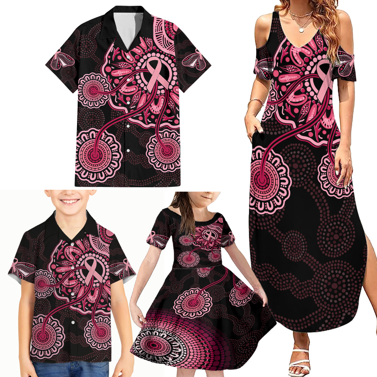 australia-indigenous-family-matching-summer-maxi-dress-and-hawaiian-shirt-breast-cancer-ribbon-aboriginal-art-black