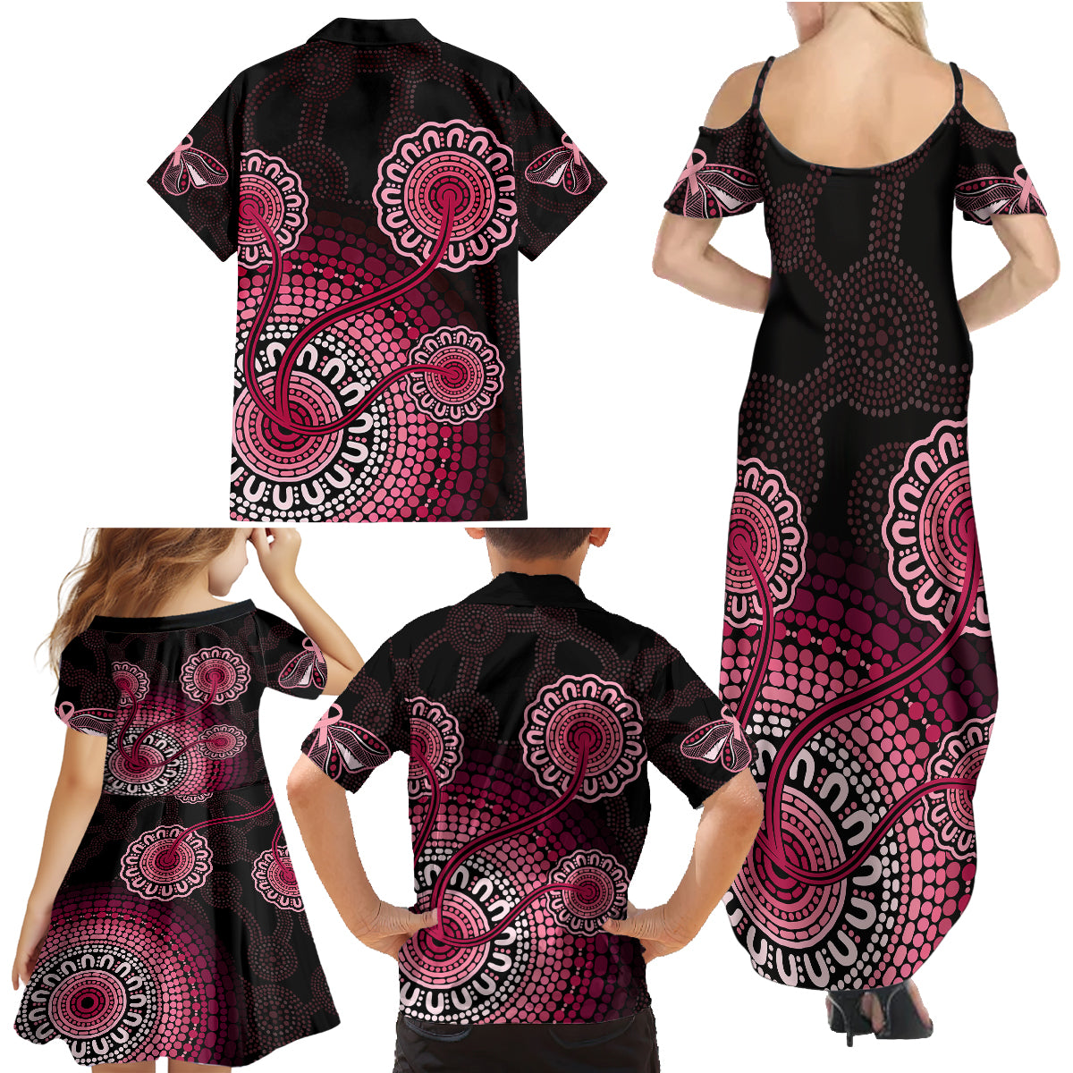 australia-indigenous-family-matching-summer-maxi-dress-and-hawaiian-shirt-breast-cancer-ribbon-aboriginal-art-black