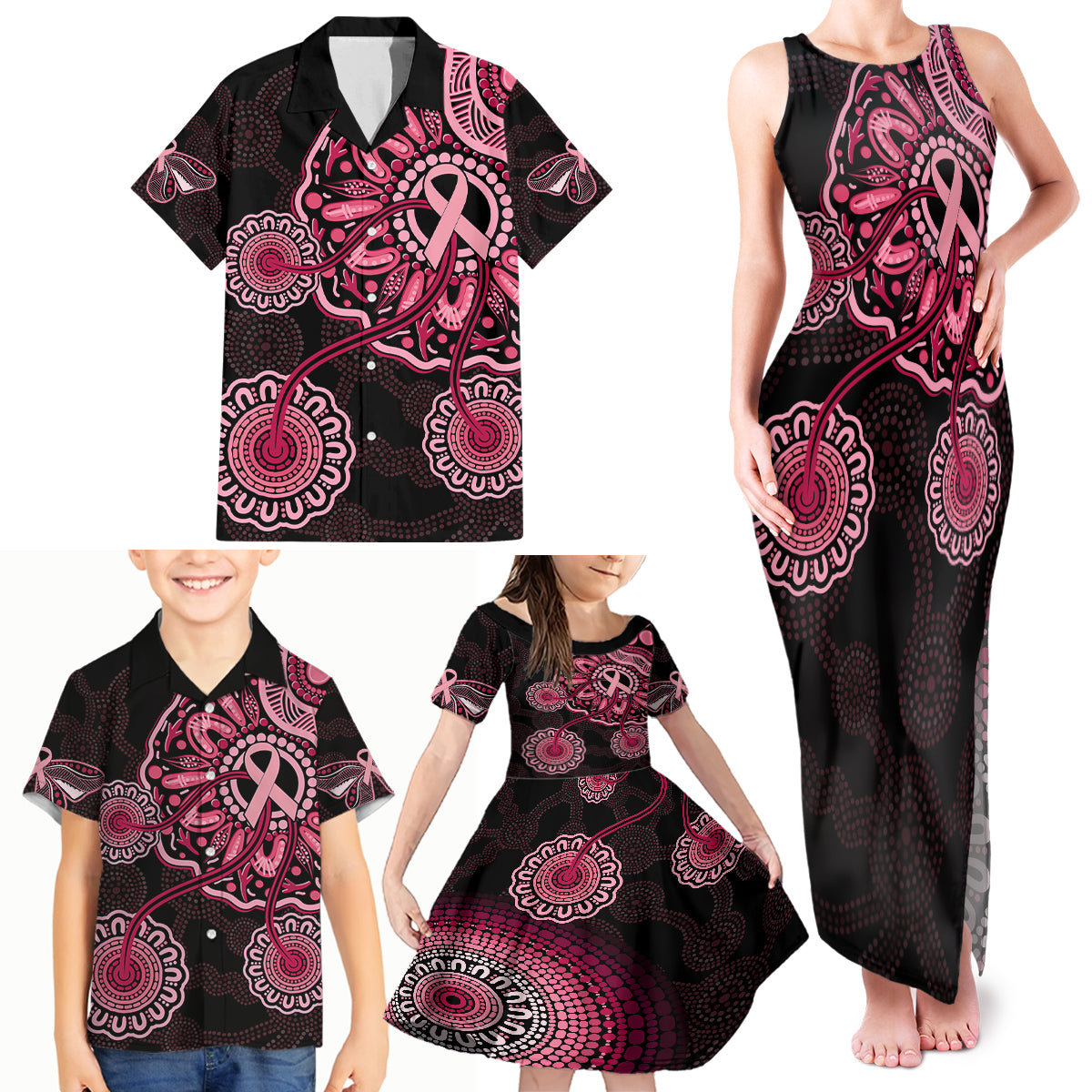 australia-indigenous-family-matching-tank-maxi-dress-and-hawaiian-shirt-breast-cancer-ribbon-aboriginal-art-black