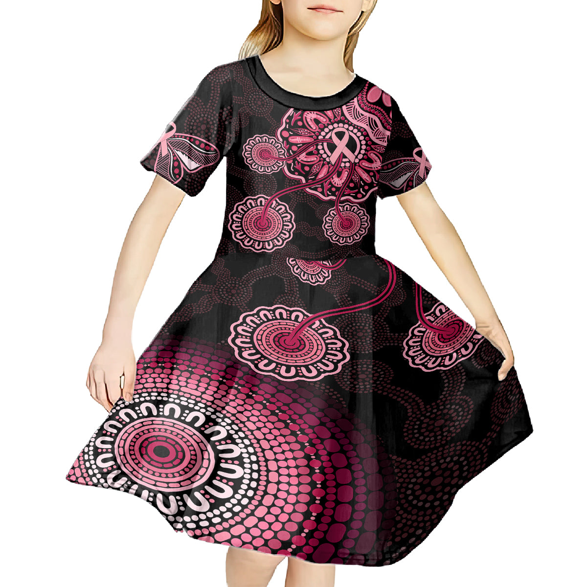 Australia Indigenous Kid Short Sleeve Dress Breast Cancer Ribbon Aboriginal Art - Black - Vibe Hoodie Shop