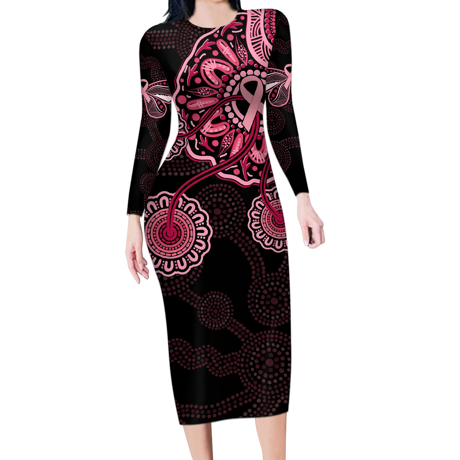 australia-indigenous-long-sleeve-bodycon-dress-breast-cancer-ribbon-aboriginal-art-black