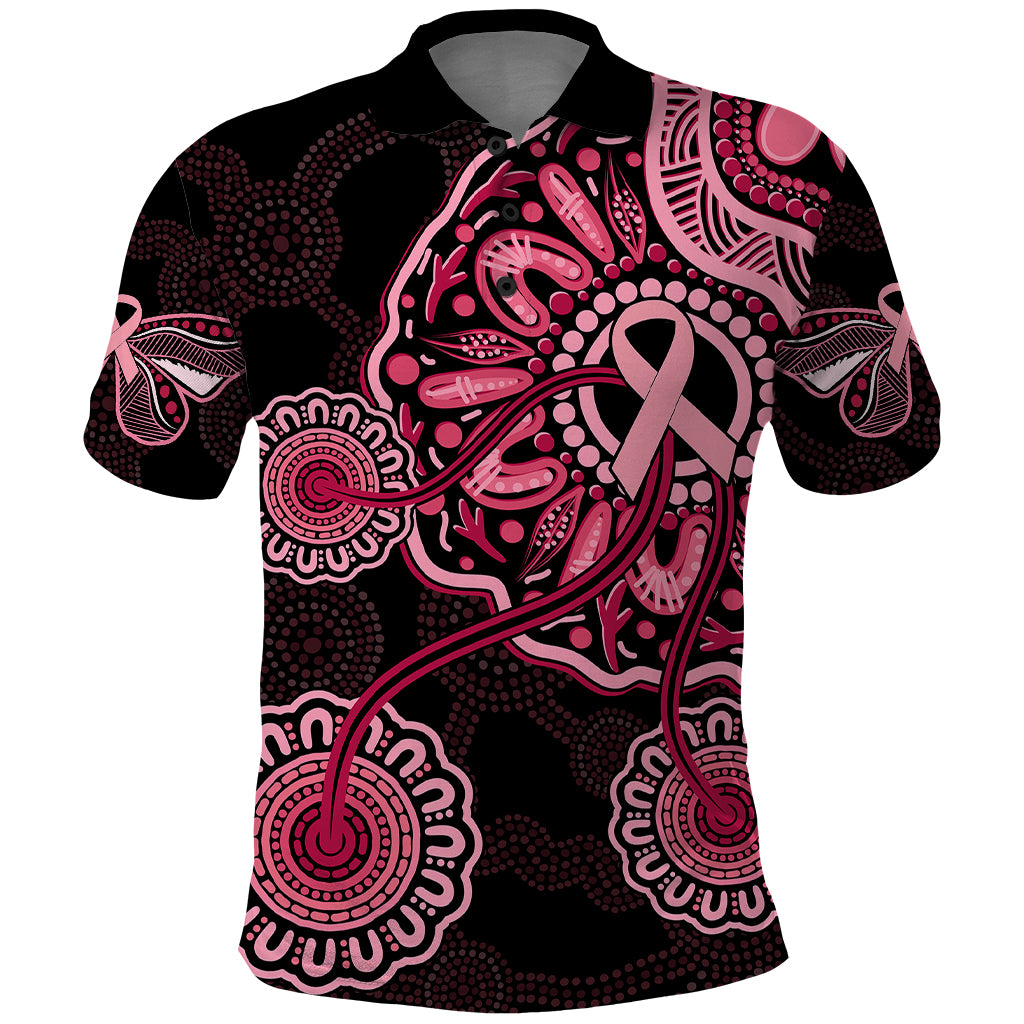 Australia Indigenous Polo Shirt Breast Cancer Ribbon Aboriginal Art - Black - Vibe Hoodie Shop