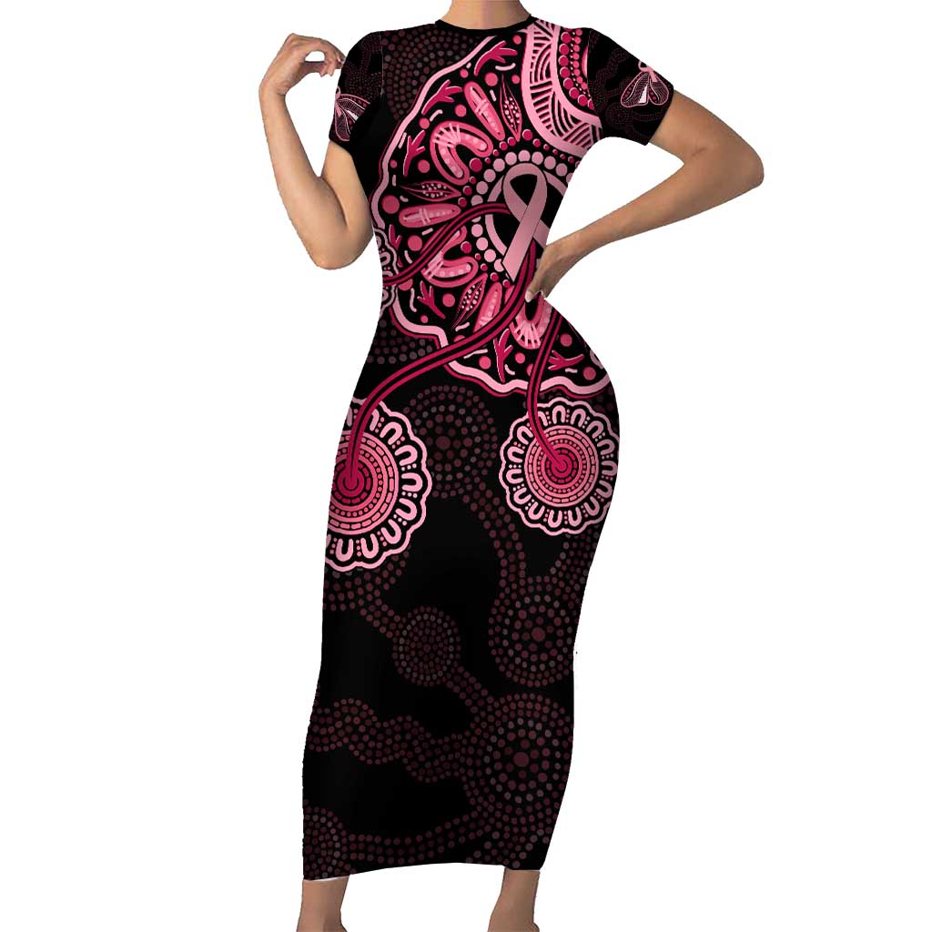 Australia Indigenous Short Sleeve Bodycon Dress Breast Cancer Ribbon Aboriginal Art - Black LT7