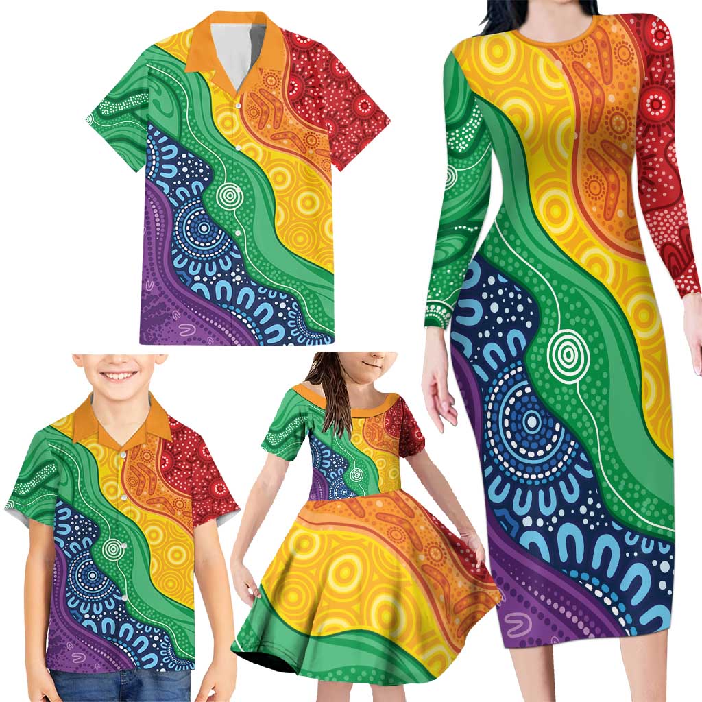 Australia First Nation LGBTQ+ Family Matching Long Sleeve Bodycon Dress and Hawaiian Shirt Aboriginal Rainbow Flag