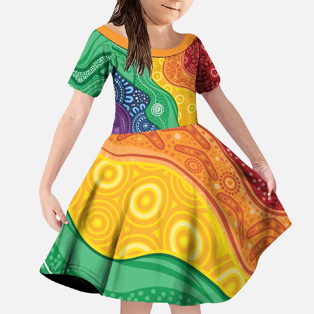 Australia First Nation LGBTQ+ Family Matching Long Sleeve Bodycon Dress and Hawaiian Shirt Aboriginal Rainbow Flag