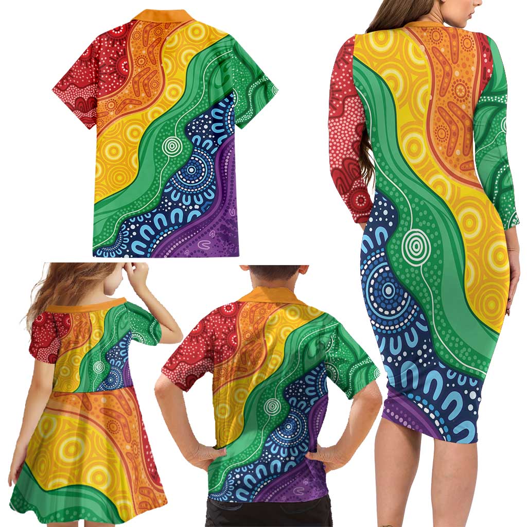 Australia First Nation LGBTQ+ Family Matching Long Sleeve Bodycon Dress and Hawaiian Shirt Aboriginal Rainbow Flag