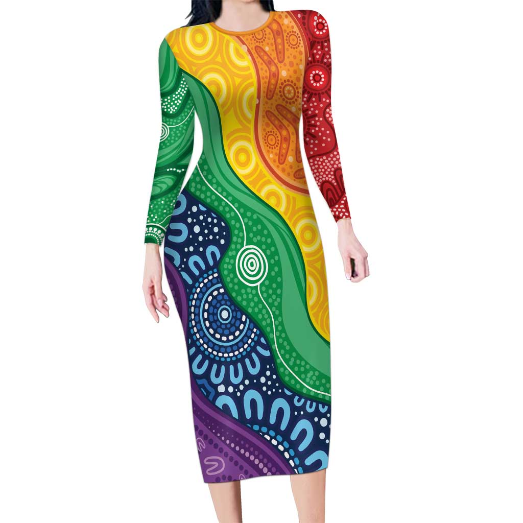 Australia First Nation LGBTQ+ Family Matching Long Sleeve Bodycon Dress and Hawaiian Shirt Aboriginal Rainbow Flag