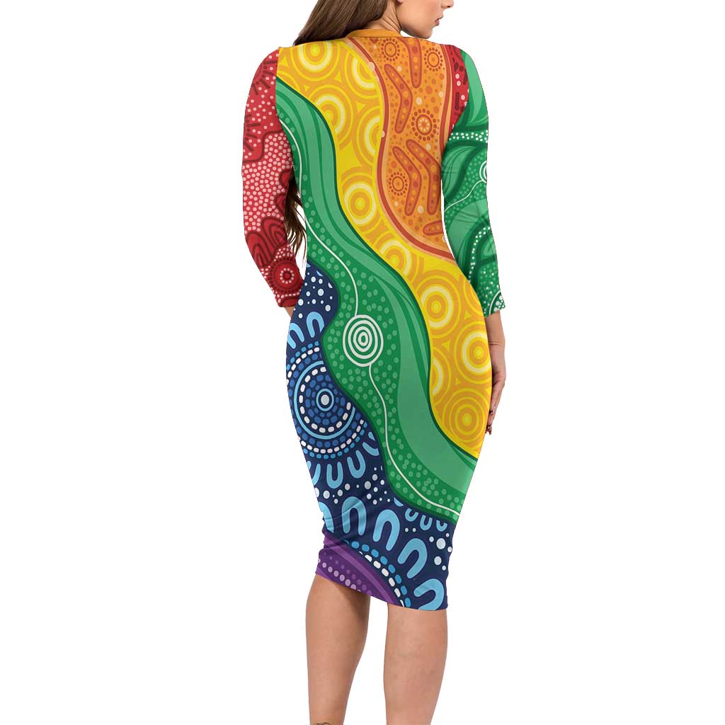 Australia First Nation LGBTQ+ Family Matching Long Sleeve Bodycon Dress and Hawaiian Shirt Aboriginal Rainbow Flag