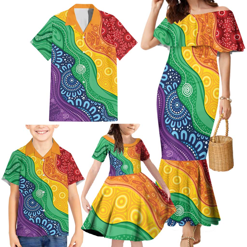 Australia First Nation LGBTQ+ Family Matching Mermaid Dress and Hawaiian Shirt Aboriginal Rainbow Flag