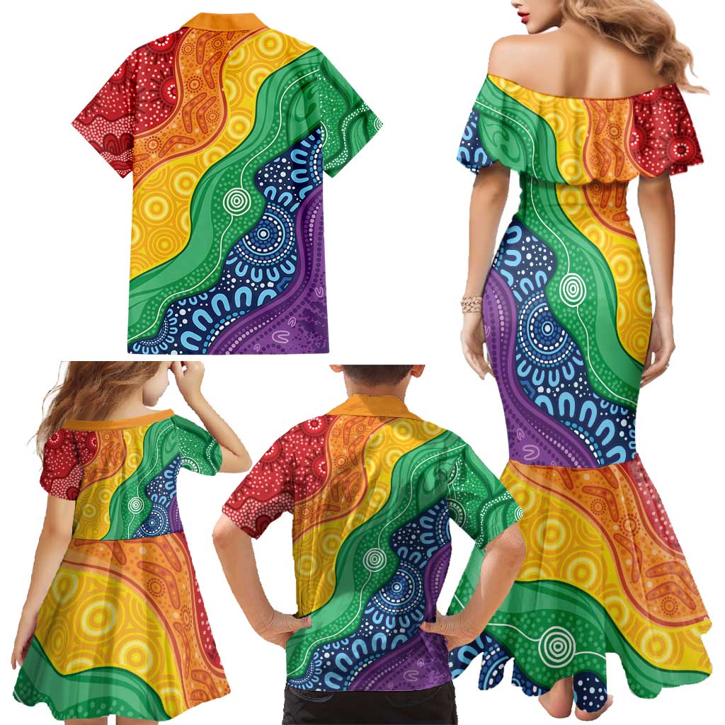 Australia First Nation LGBTQ+ Family Matching Mermaid Dress and Hawaiian Shirt Aboriginal Rainbow Flag