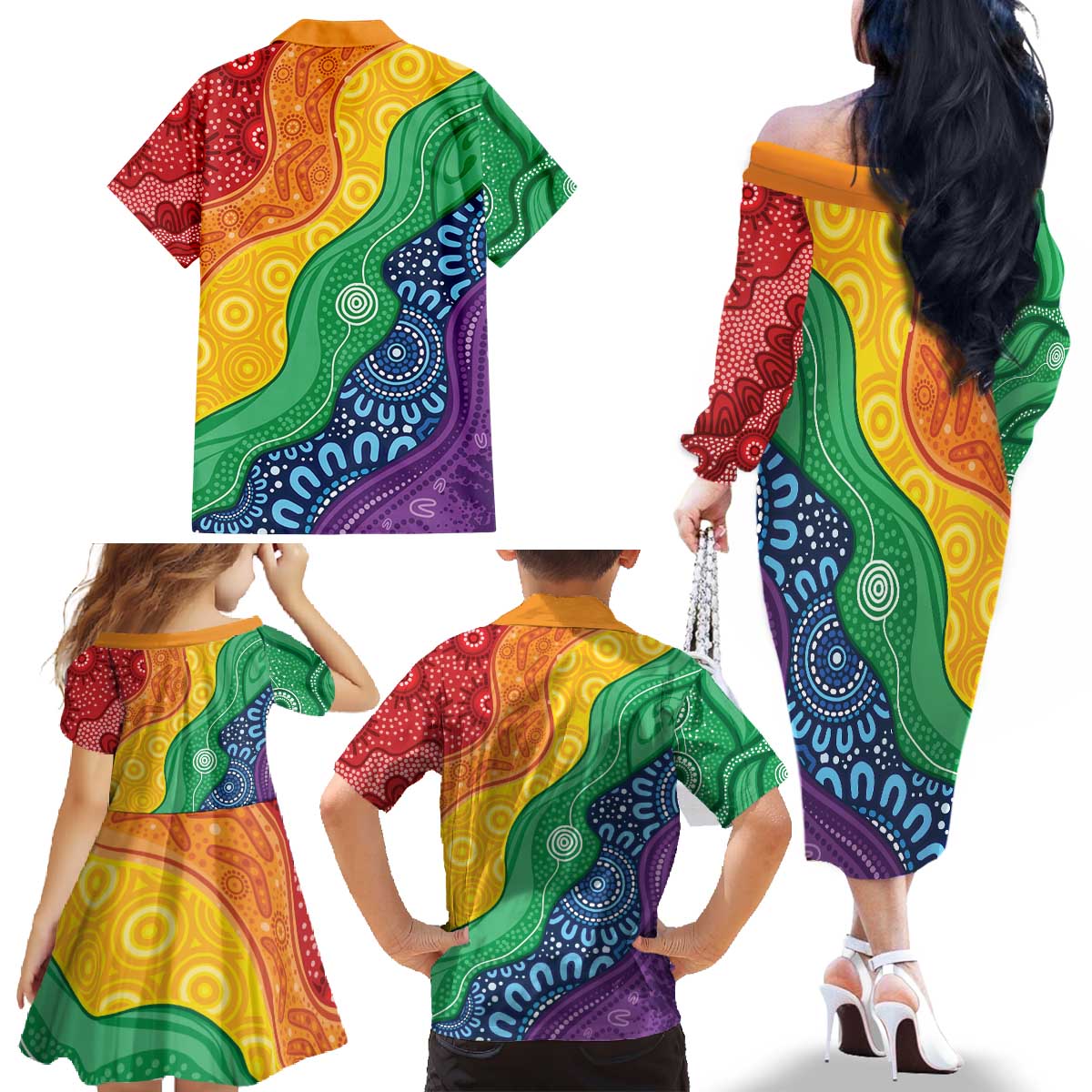 Australia First Nation LGBTQ+ Family Matching Off The Shoulder Long Sleeve Dress and Hawaiian Shirt Aboriginal Rainbow Flag