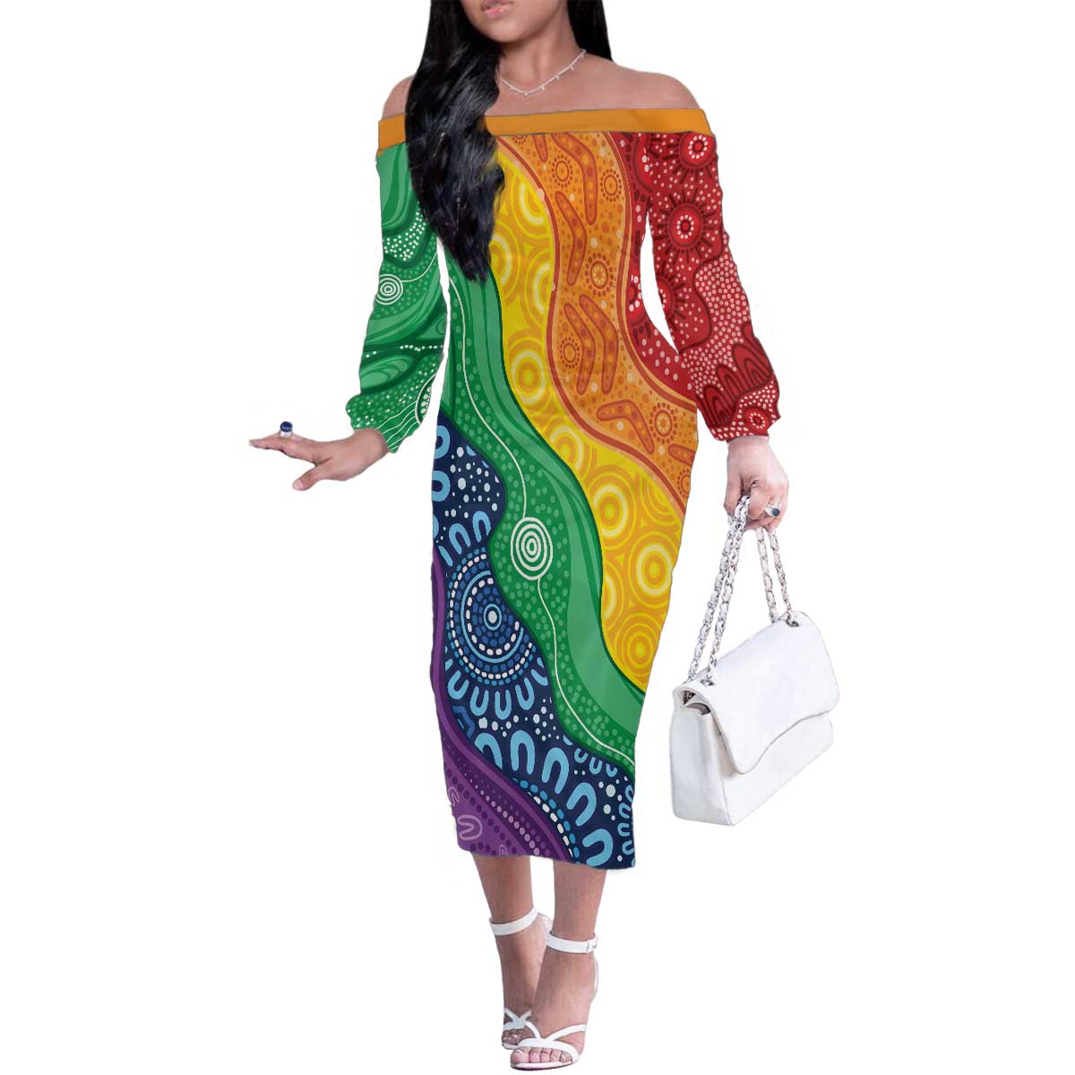 Australia First Nation LGBTQ+ Family Matching Off The Shoulder Long Sleeve Dress and Hawaiian Shirt Aboriginal Rainbow Flag