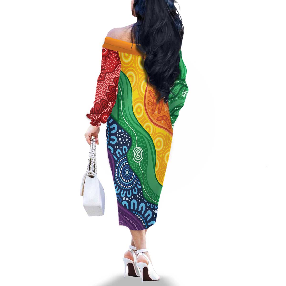 Australia First Nation LGBTQ+ Family Matching Off The Shoulder Long Sleeve Dress and Hawaiian Shirt Aboriginal Rainbow Flag