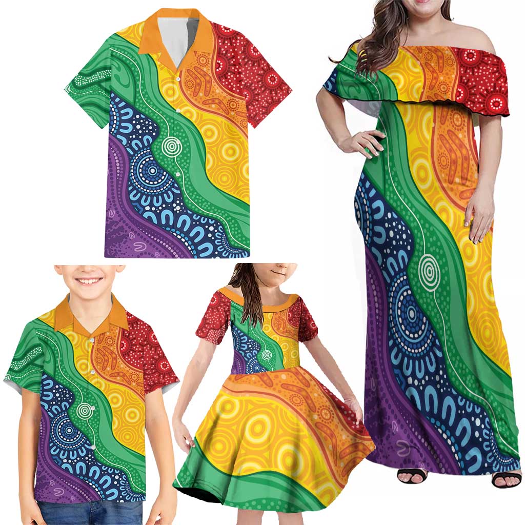 Australia First Nation LGBTQ+ Family Matching Off Shoulder Maxi Dress and Hawaiian Shirt Aboriginal Rainbow Flag