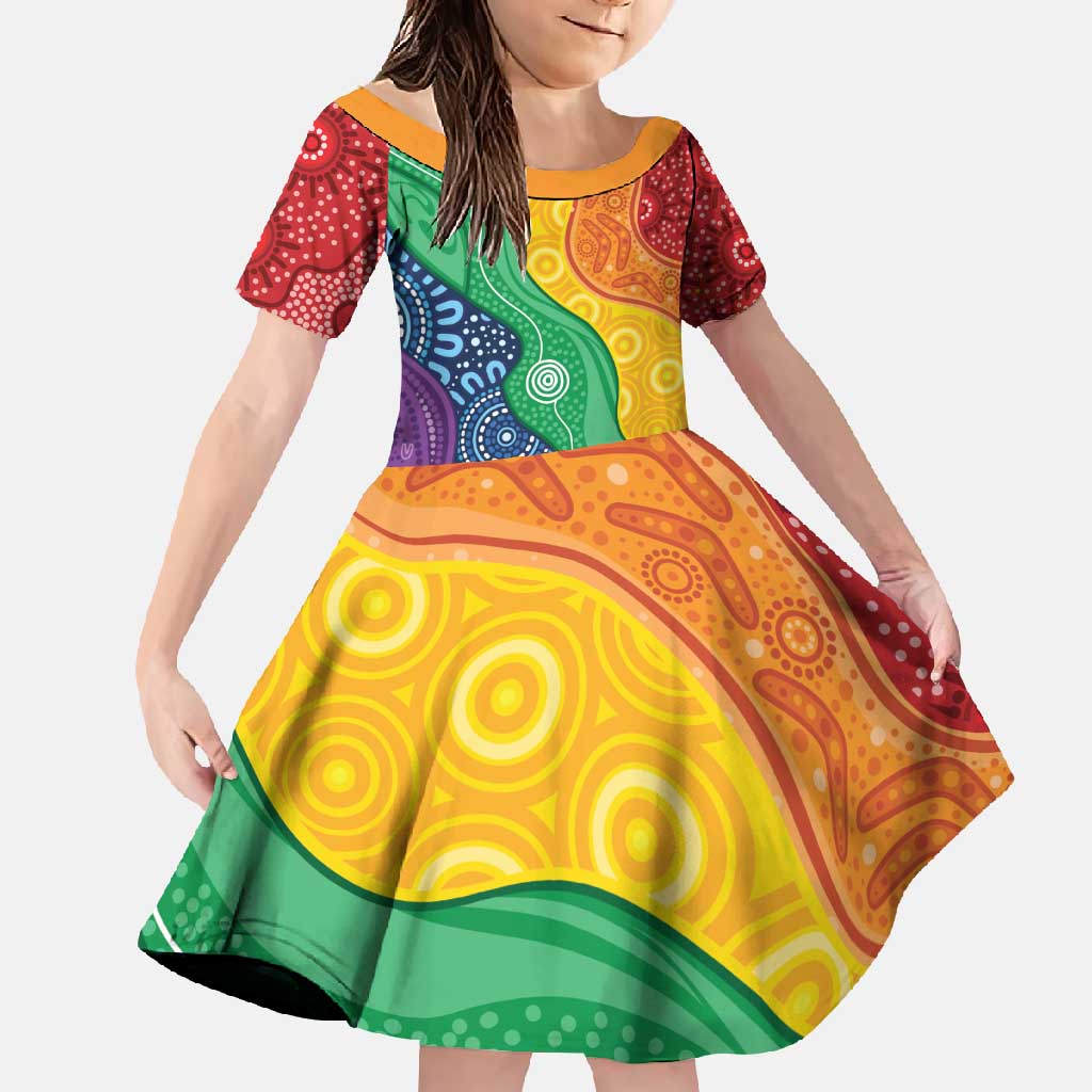 Australia First Nation LGBTQ+ Family Matching Off Shoulder Maxi Dress and Hawaiian Shirt Aboriginal Rainbow Flag